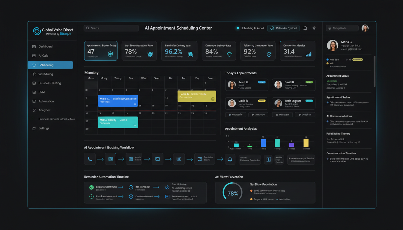 Global Voice Direct calendar management and appointment scheduling dashboard view.