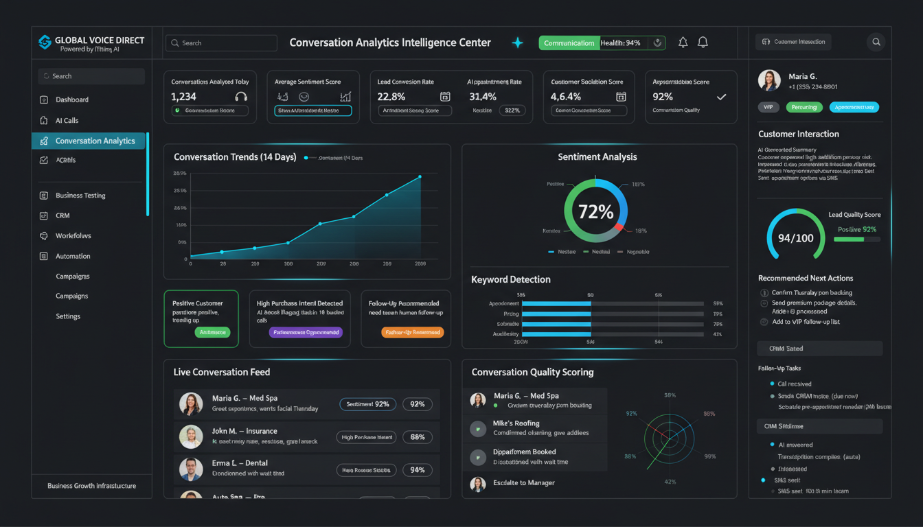 Global Voice Direct conversation intelligence reporting panel showing call sentiment graphs.