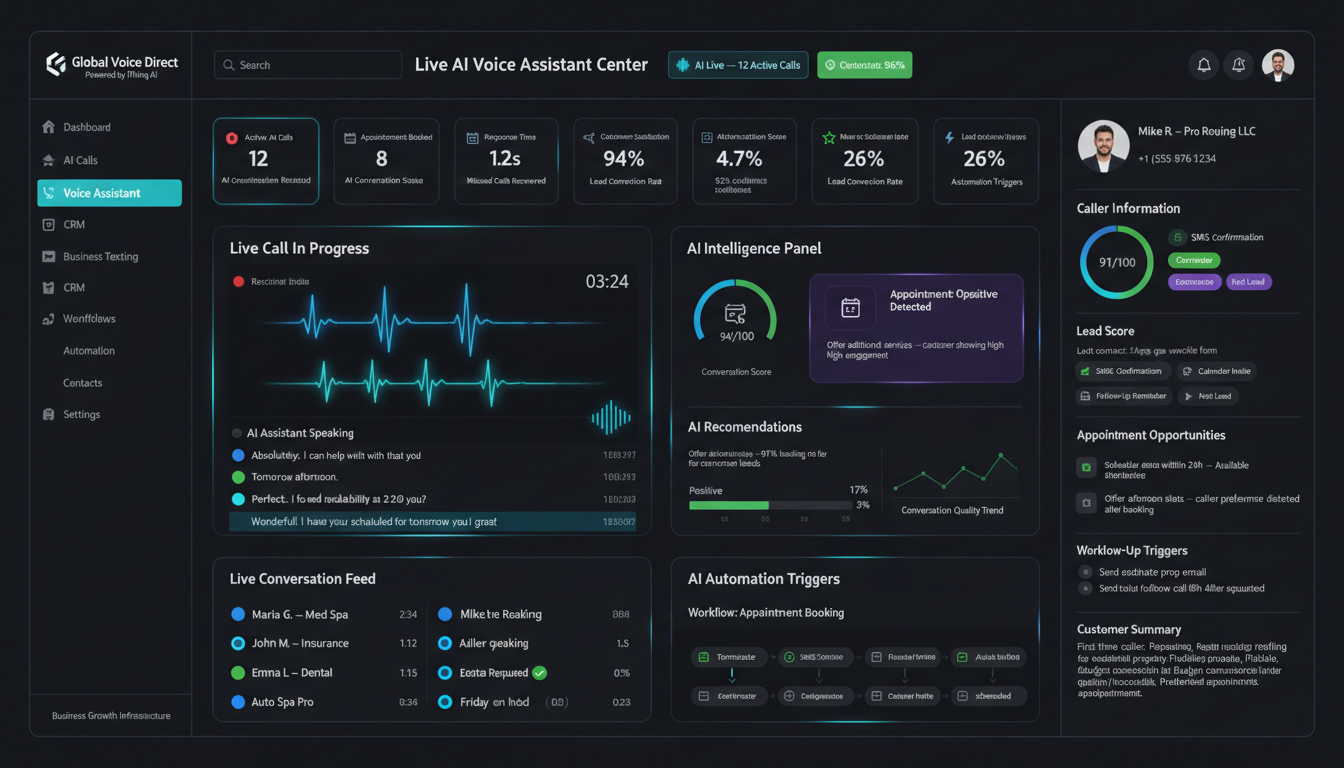 Global Voice Direct live AI voice assistant dashboard handling corporate calls.